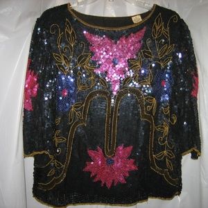 Vintage Sequined Formal 100% Silk Blouse, Bust 40